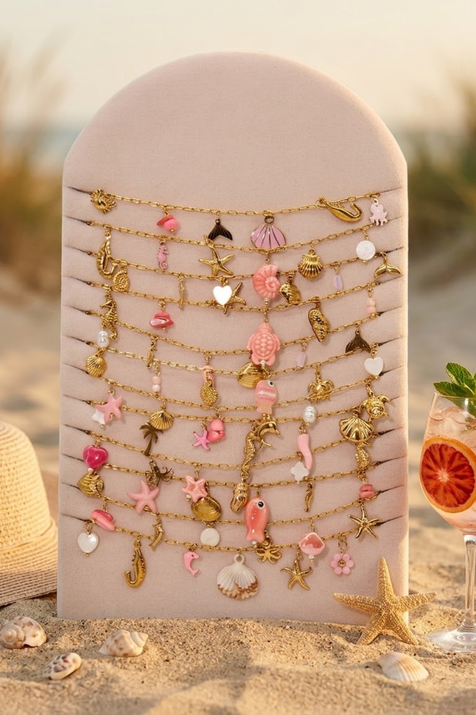 Mayorista Bellissima - Juego de 12 Collares Náuticos Rosa Coral en Acero Inoxidable – Soporte de Exhibición Incluido