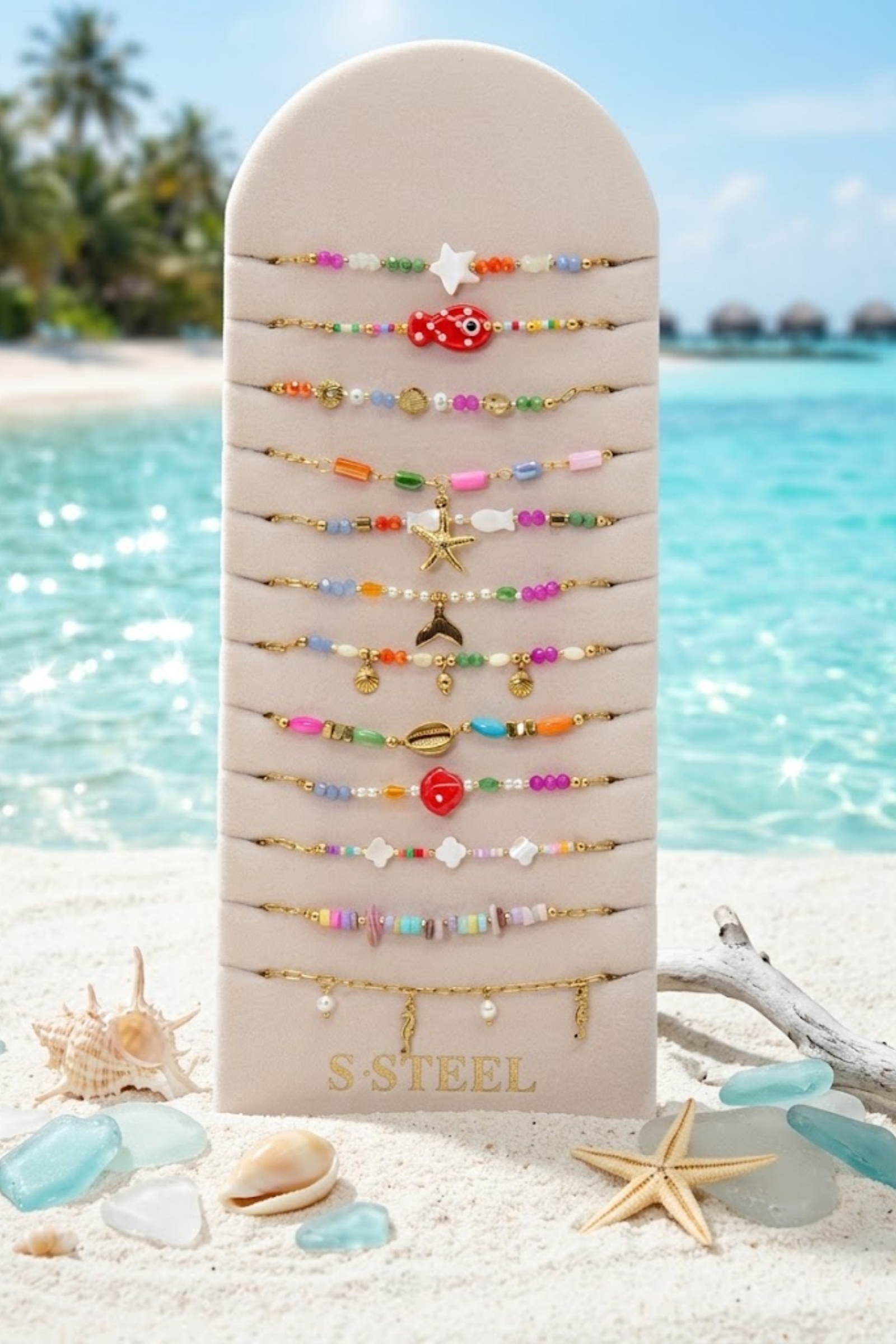 Mayorista Bellissima - Juego de 12 Pulseras Náuticas Multicolores de Acero Inoxidable – Soporte de Exhibición Incluido