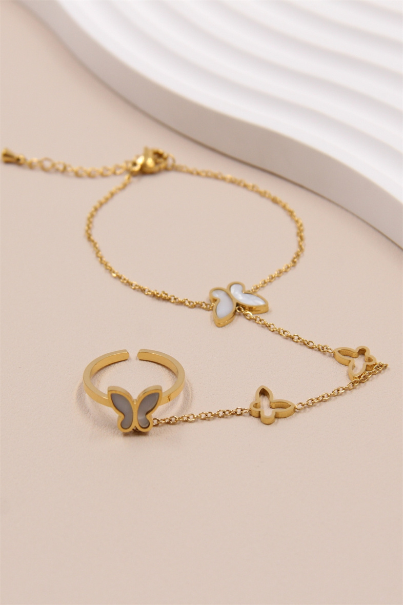 Grossiste Bellissima - Bracelet-bague papillon nacré ajustable en acier inoxydable