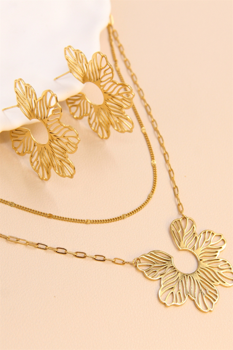 Grossiste Bellissima - Parure feuille filigrane double rangs en acier inoxydable