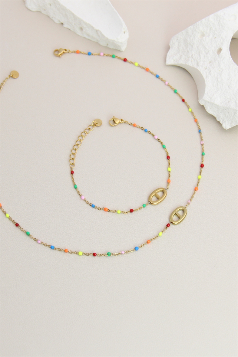 Grossiste Bellissima - Parure boucle chaîne ornée de perles  colorées en acier inoxydable