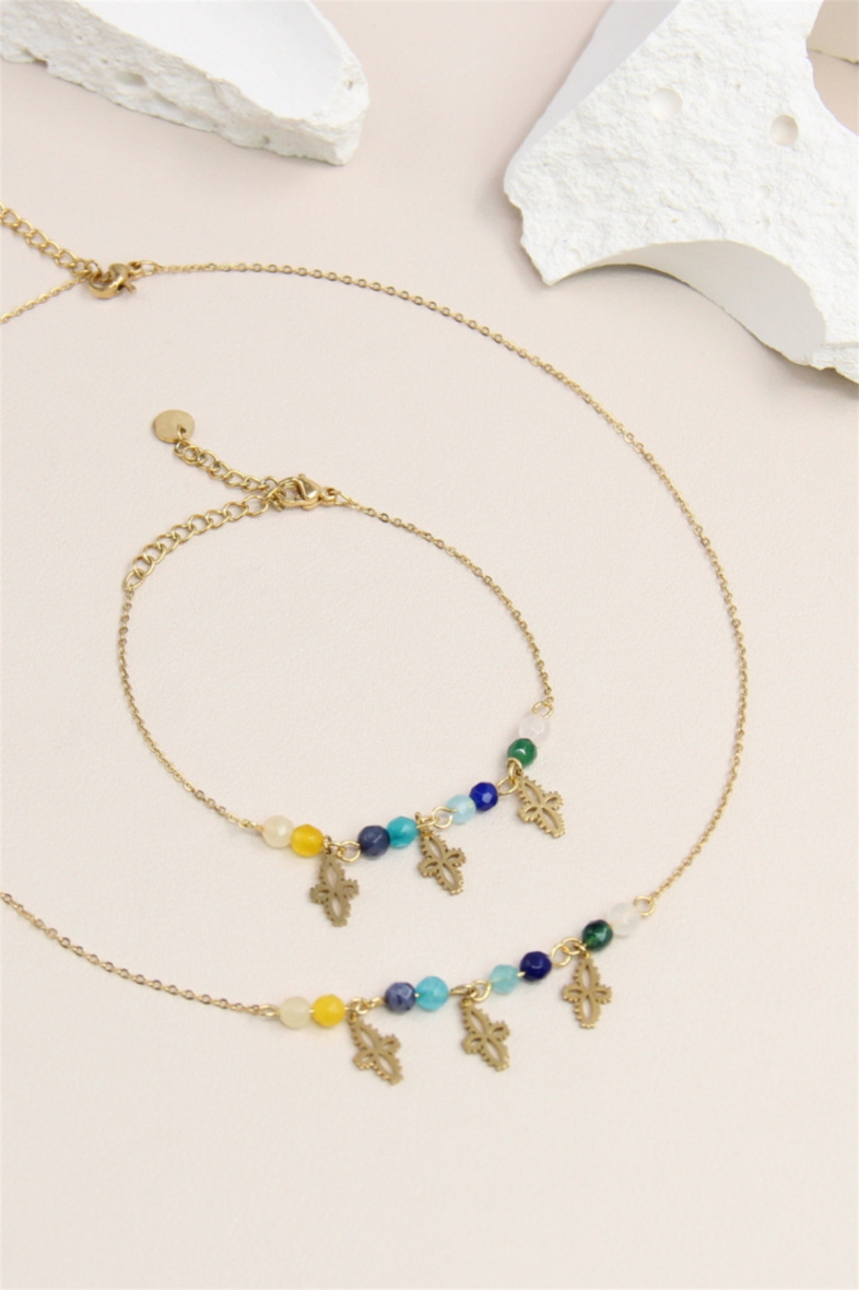 Grossiste Bellissima - Parure croix orné de perle en acier inoxydable