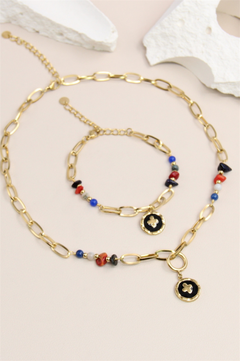 Grossiste Bellissima - Parure pendentif croix orné de pierre en acier inoxydable