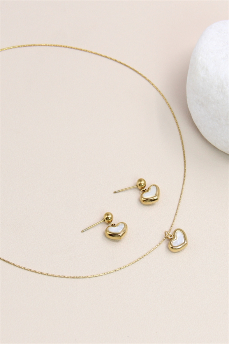 Grossiste Bellissima - Parure Cœur en Acier Inoxydable - Collier et Boucles d’Oreilles
