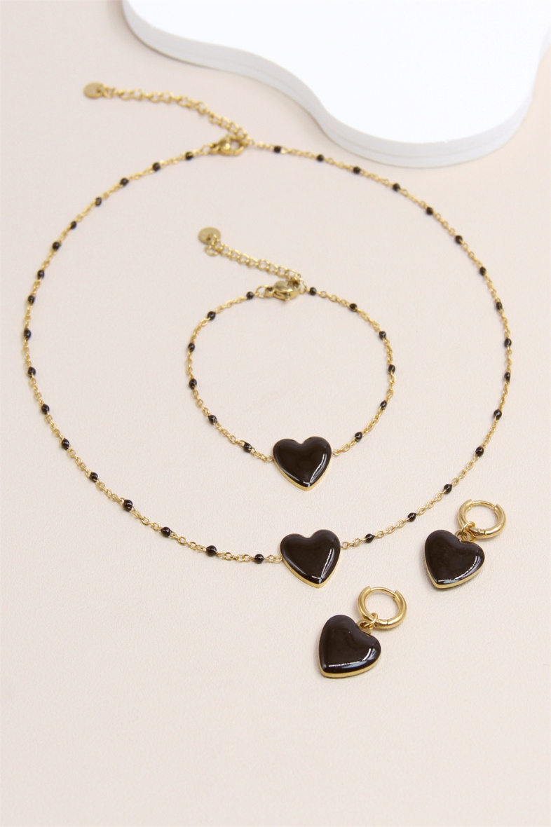 Wholesaler Bellissima - Enameled Heart Set in Stainless Steel - Necklace, Bracelet and Earrings