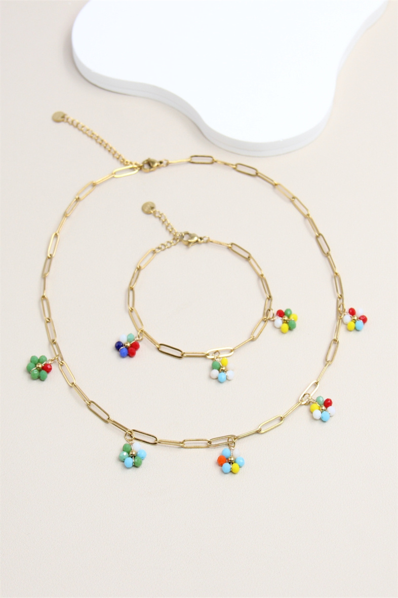 Grossiste Bellissima - Parure Fleur en Perles en Acier Inoxydable - Élégance et Raffinement
