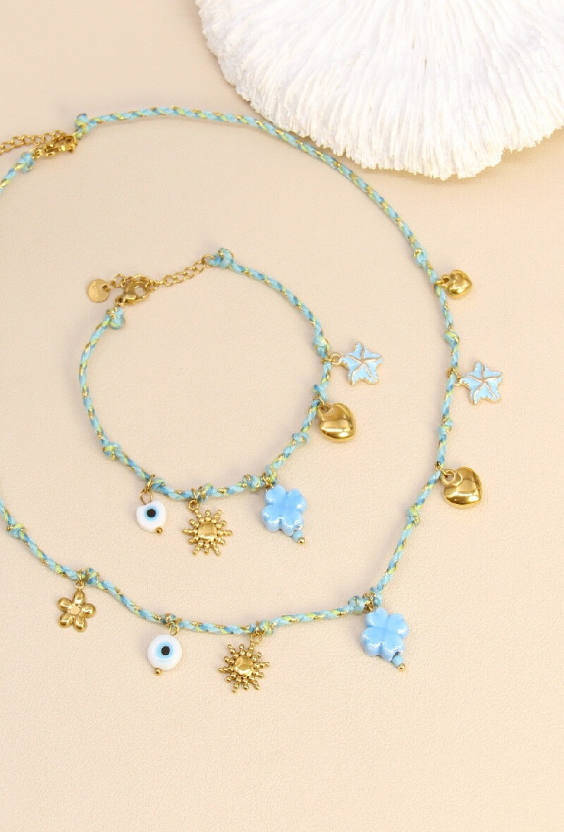 Grossiste Bellissima - Parure estivale – Collier et bracelet charm’s sur cordon tressé