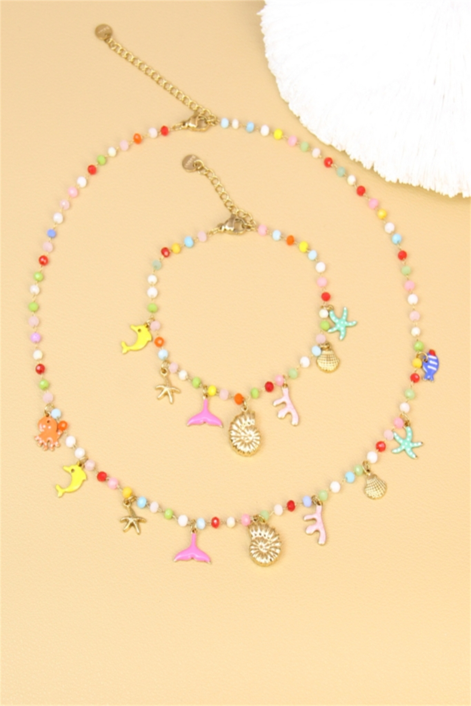 Grossista Bellissima - Set estivo - Collana e bracciale con ciondoli marini - acciaio inossidabile