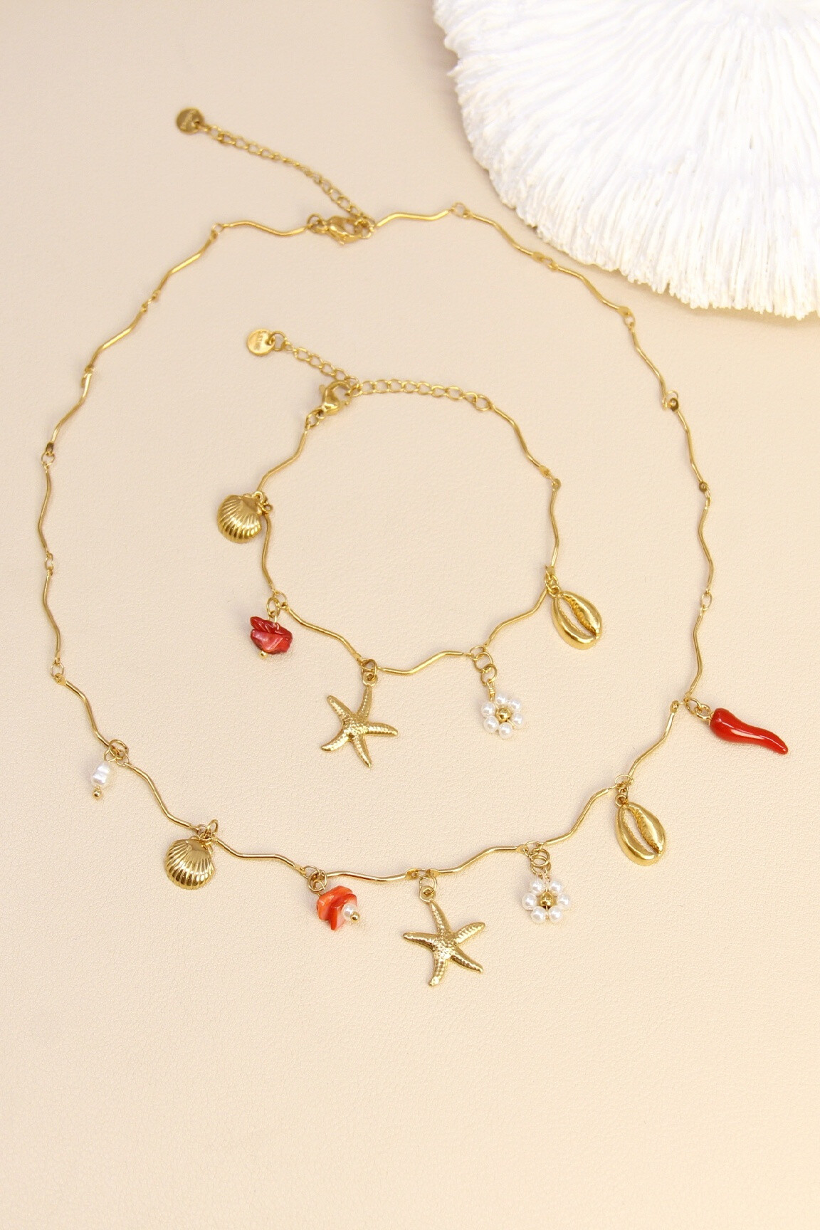 Grossista Bellissima - Set di gioielli in acciaio inossidabile - collana e bracciale con ciondoli marini