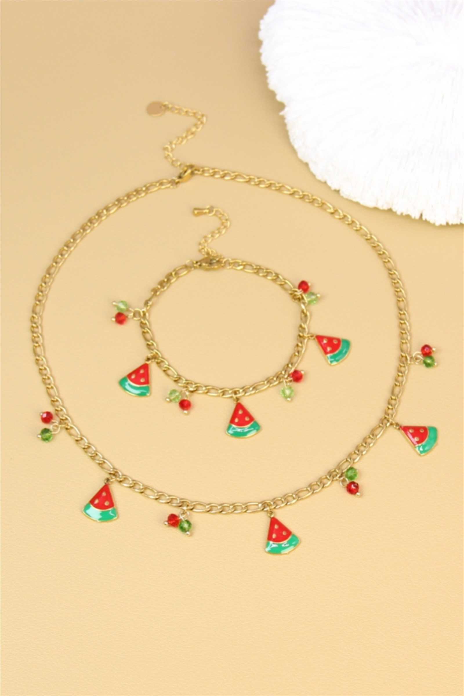 Grossista Bellissima - Set di anguria - Collana con ciondoli smaltati + bracciale con perle colorate