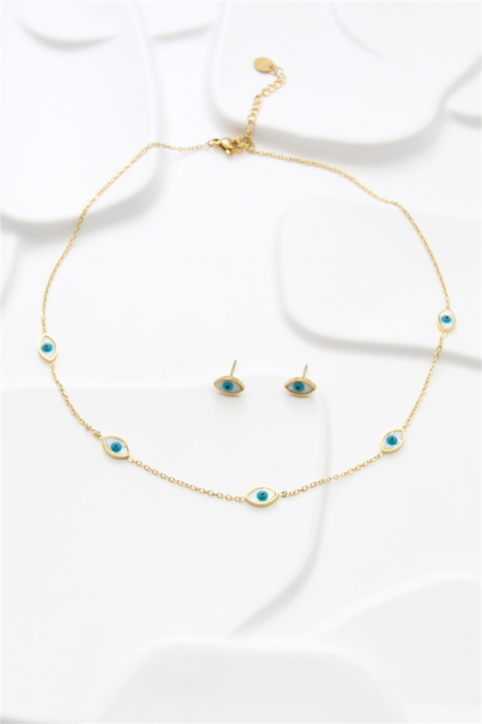 Grossiste Bellissima - Parure collier et boucles en acier inoxydable doré – Œil protecteur bleu