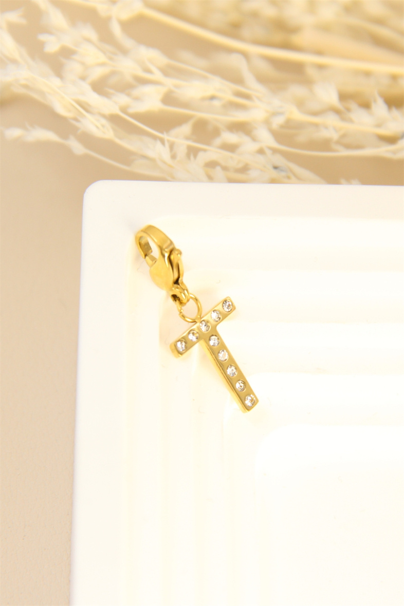 Wholesaler Bellissima - Charm's letter "T" pendant decorated with rhinestones in stainless steel