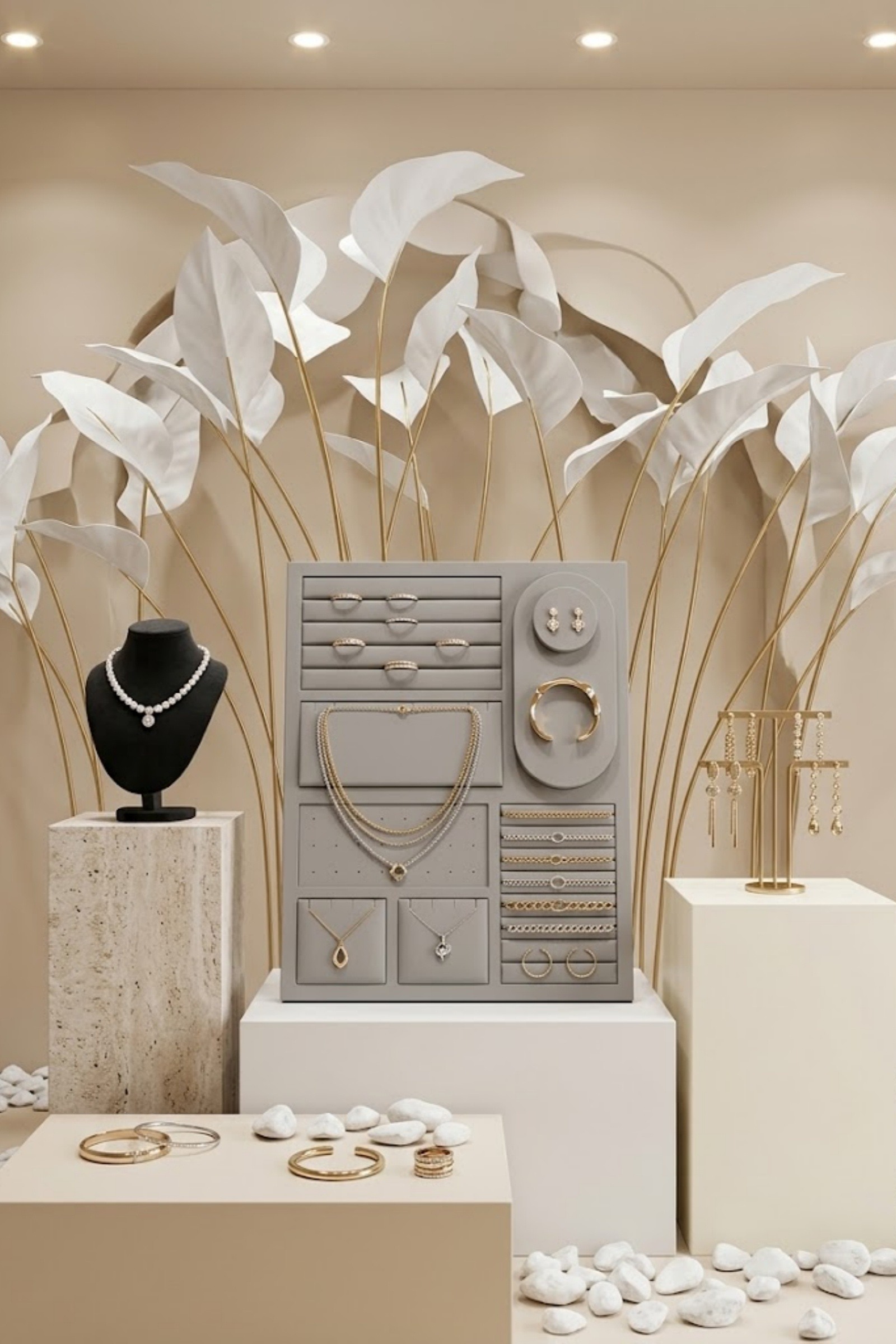 Grossiste Bellissima - Présentoir Vitrine Bijoux Gris Perle – Organisateur Professionnel 45×35×8 cm