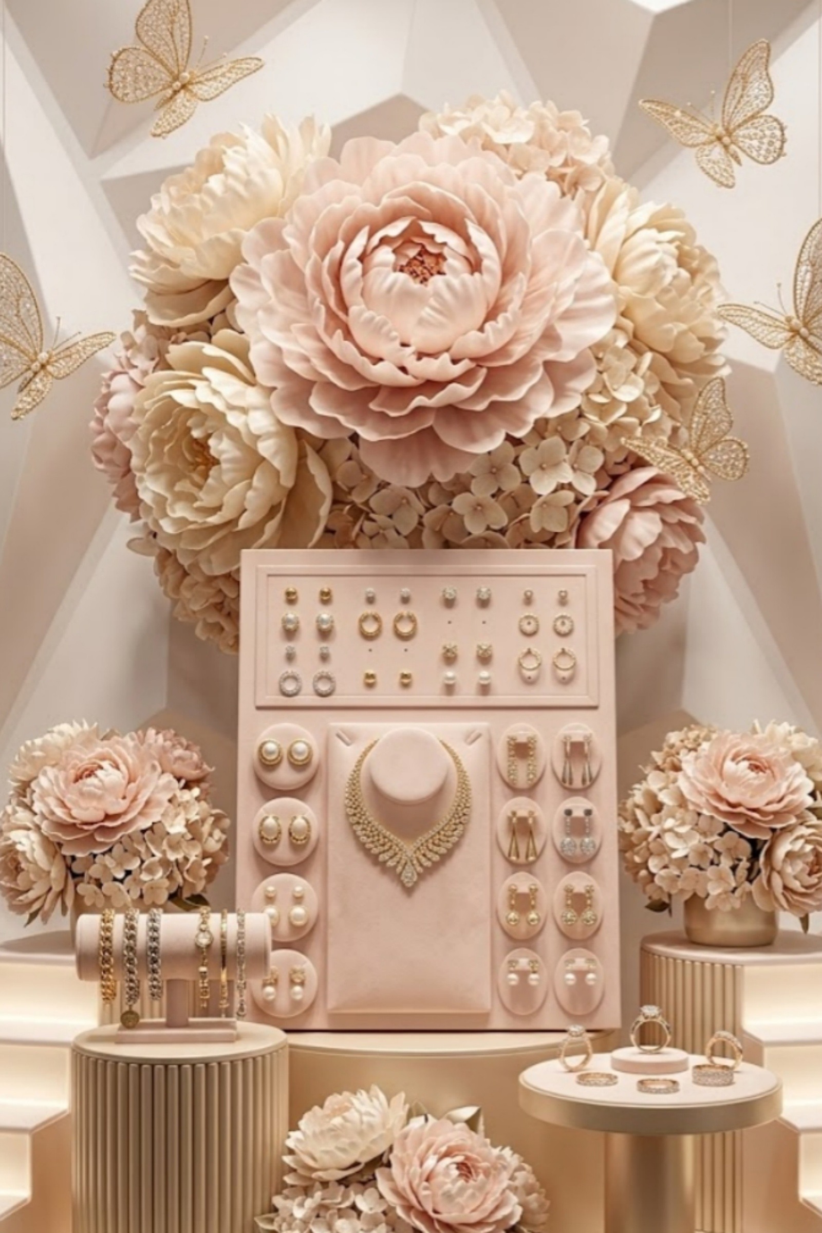 Grossiste Bellissima - Présentoir Vitrine Bijoux Rose Poudré – Support Colliers, Bagues & Boucles d’Oreilles