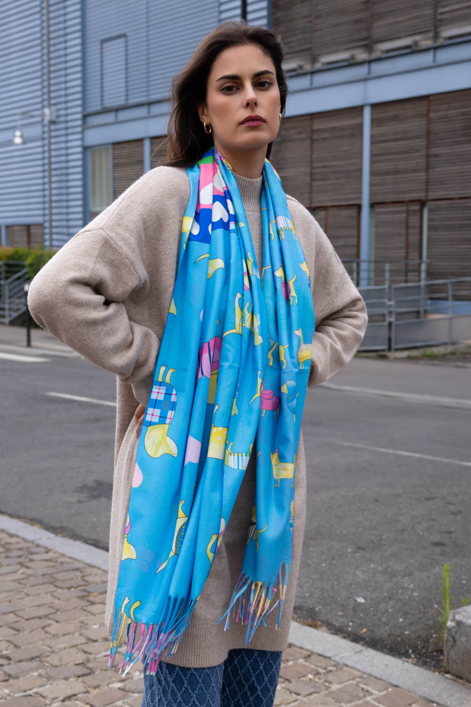 Wholesaler Best Angel-Fashion Kingdom - Fine fringed scarf with dachshund and hearts pattern