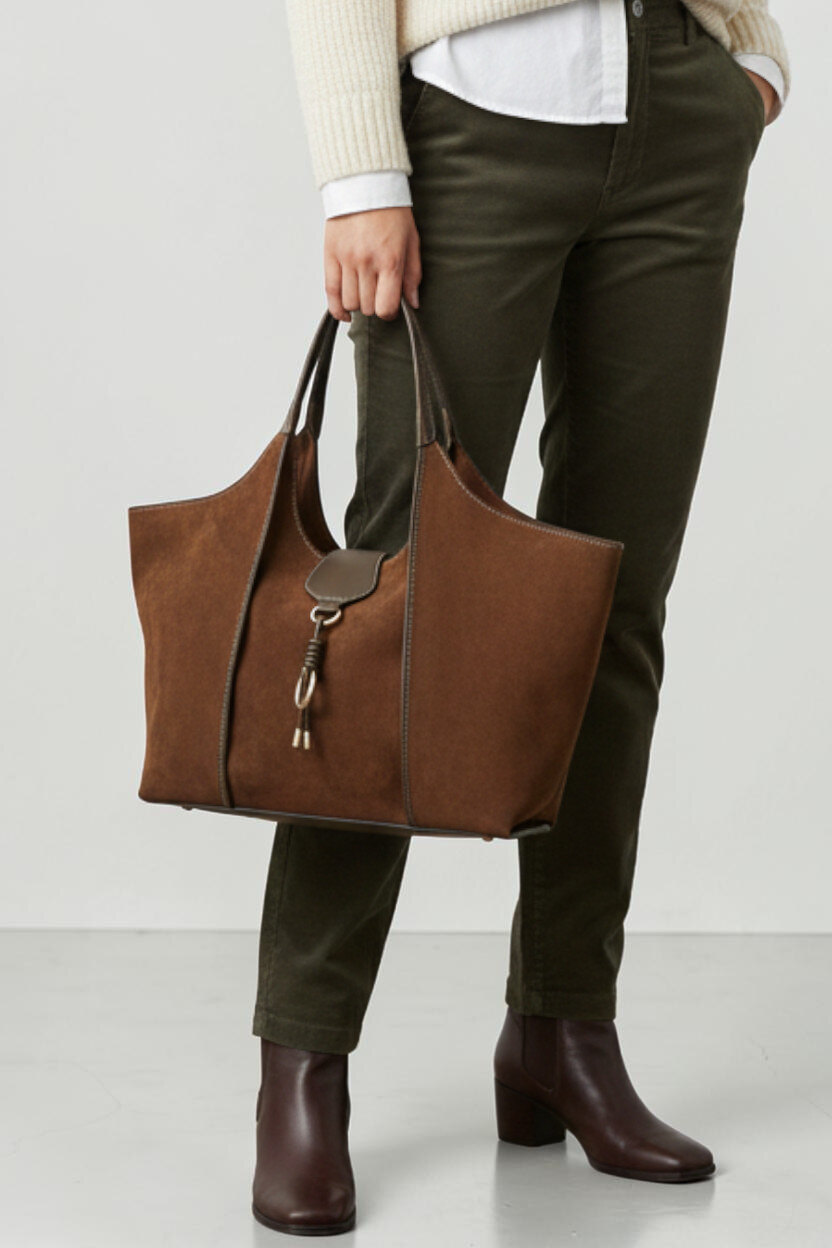 Grossista BESTINI (MIMOSA) - Borsa shopper, in suede bicolore, chiusura con zip e piccola patta decorativa, con manici e tracolla