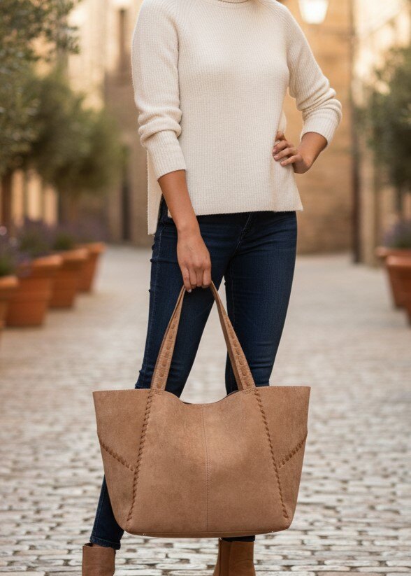 Großhändler BESTINI PARIS - Große klassische Tragetasche, Wildlederoptik, geflochtene Griffe und Tasche
