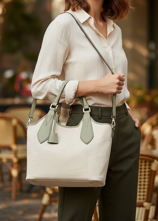 Grossista BESTINI PARIS - Borsa tote classica, da portare a spalla e a tracolla, effetto lino, con piccolo ciondolo