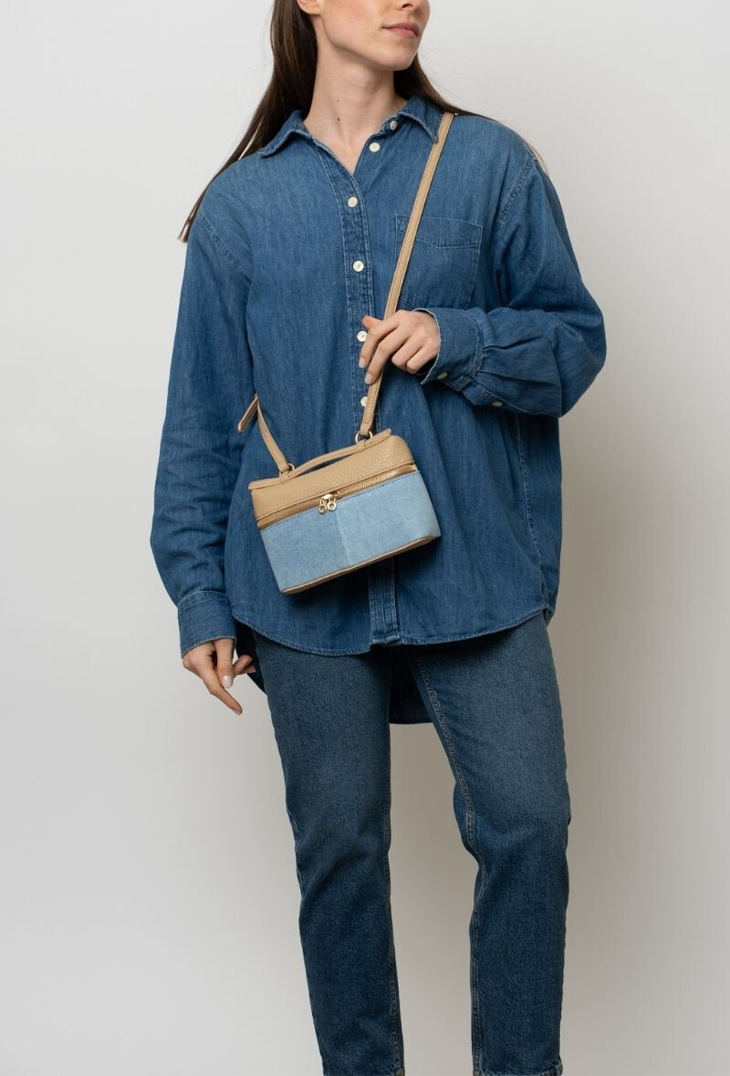 Großhändler BESTINI PARIS - Kastenbeutel mit Schultergurt, Doppelverschluss, Bi-Material, Jeans, Leopard