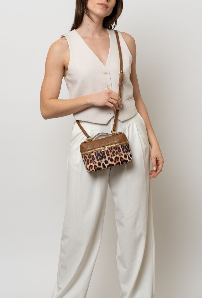 Grossista BESTINI - Box box con spalla, doppia chiusura, bi-materiale, jeans, leopardo