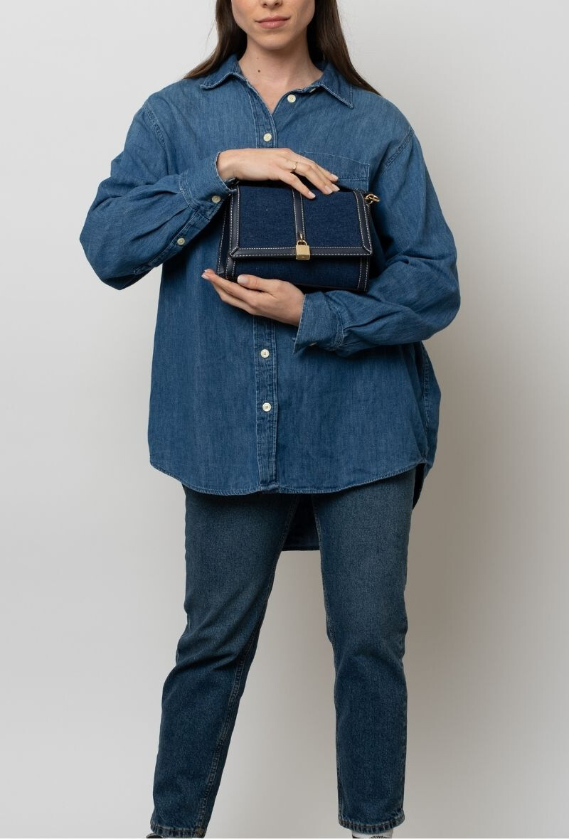Wholesaler BESTINI - Bi-material shoulder bag with straw effect, decorative buckle and magnetic clasp