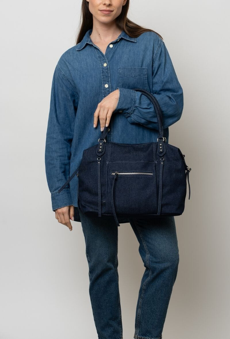Grossista BESTINI - Borsa da bowling vintage con Zip Multiple, Jeans Effect