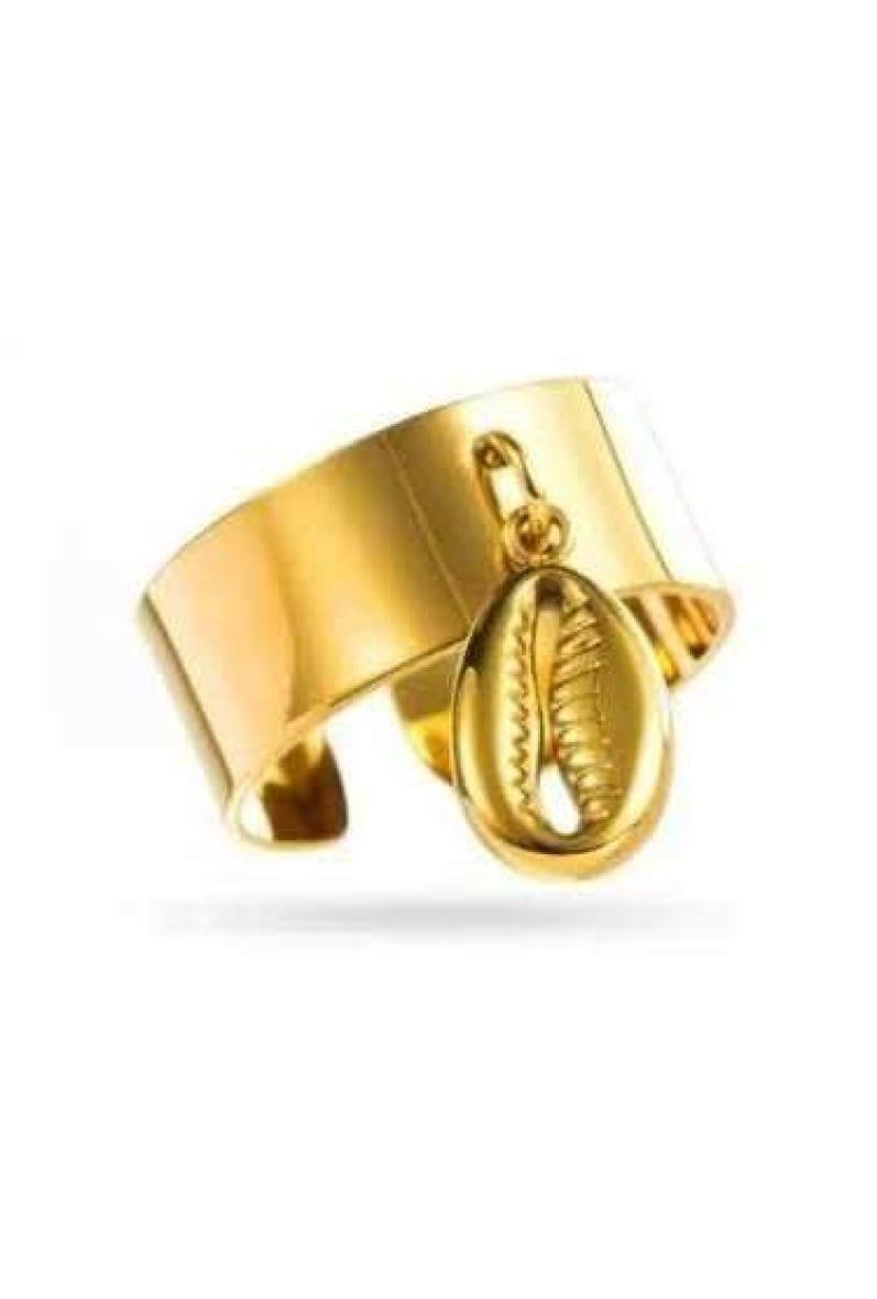 Grossiste Bijoussimo - Bague acier doré femme ajustable, pendentif coquillage doré