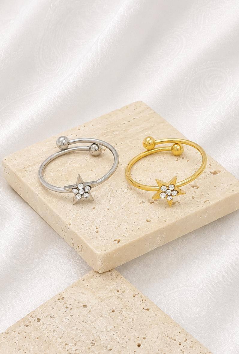 Mayorista Bijoussimo - Caja de 36 anillos (18 dorados + 18 de acero) con estrella y strass (Tallas del 16 al 21)