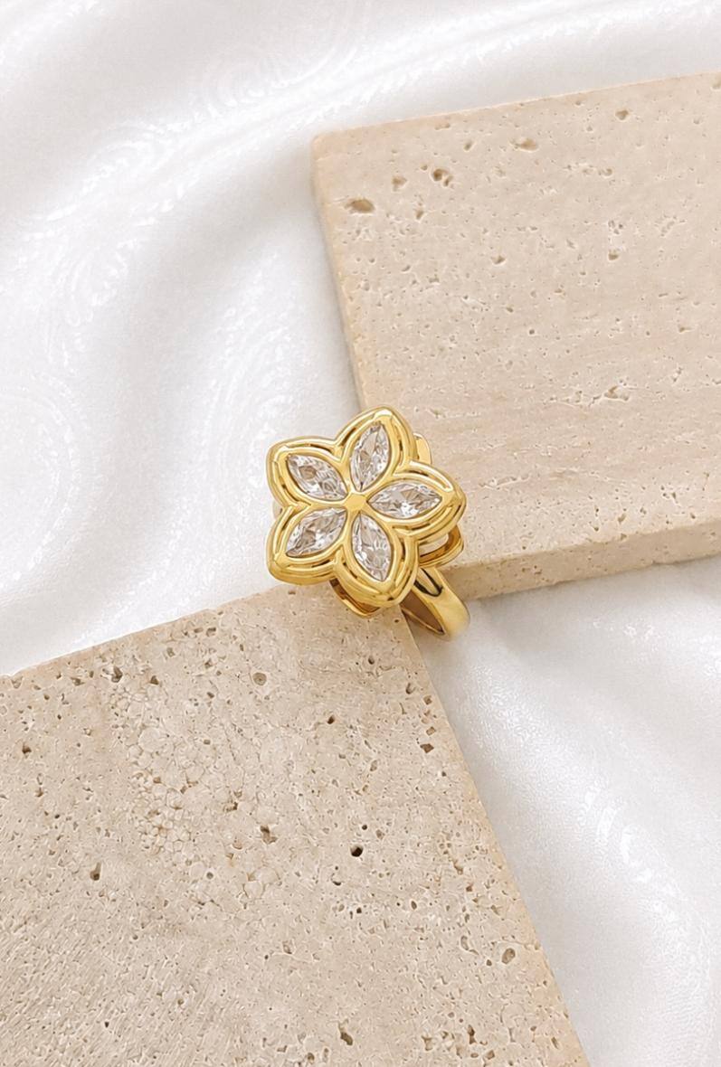 Wholesaler Bijoussimo - Adjustable women's gold-plated steel ring, rotating five-petal flower design
