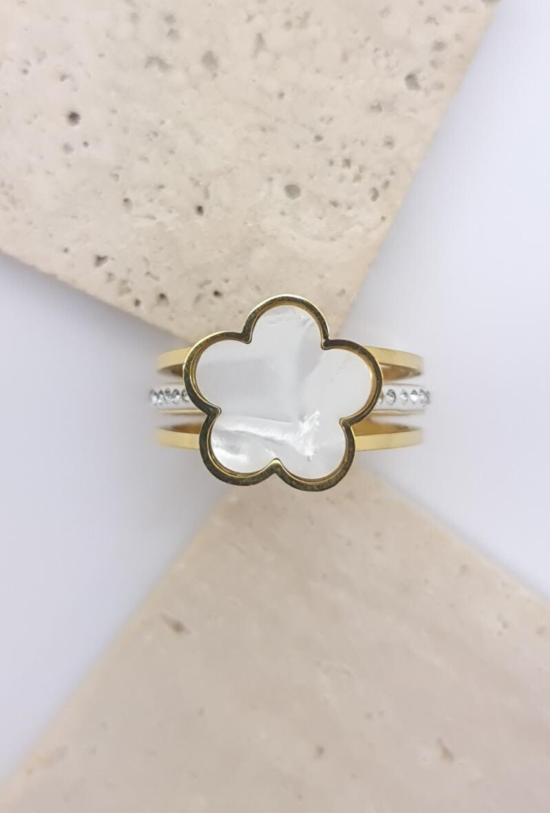 Wholesaler Bijoussimo - White hibiscus steel adjustable steel ring