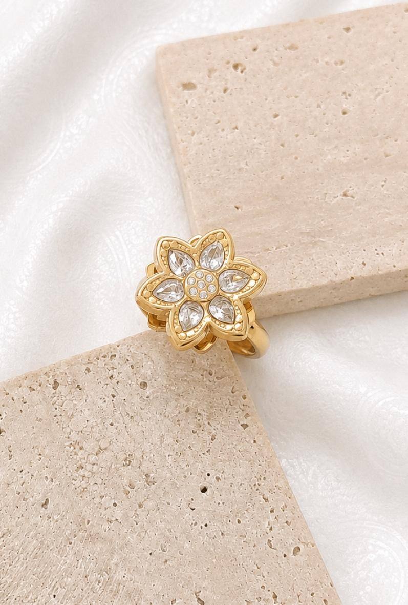 Wholesaler Bijoussimo - Women's adjustable gold-plated steel ring, rotating six-petal flower design