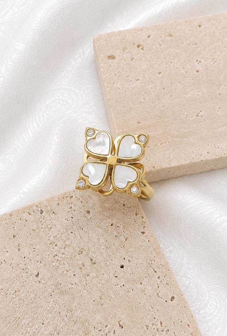 Grossiste Bijoussimo - Bague acier doré ajustable femme, motif rotatif trèfle