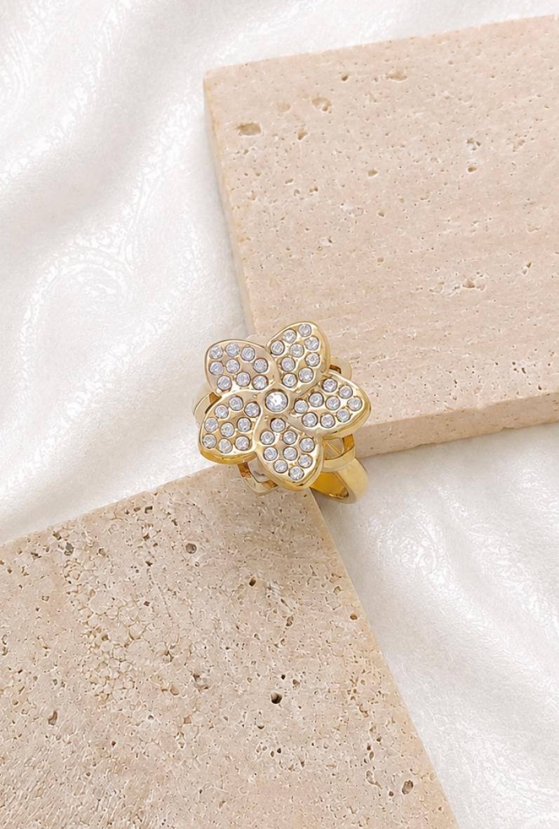Grossiste Bijoussimo - Bague acier doré ajustable femme, motif rotatif fleur