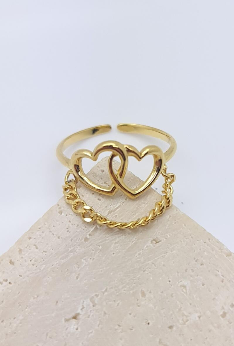 Wholesaler Bijoussimo - Double -hearted adjustable steel ring with chain