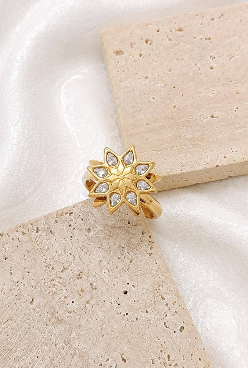 Wholesaler Bijoussimo - Women's adjustable gold-plated steel ring, rotating star design