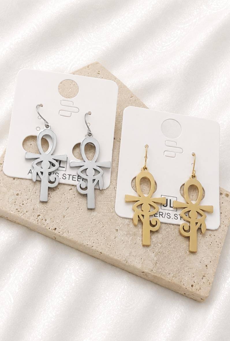 Grossiste Bijoussimo - Boucle d'oreille acier femme, croix égyptienne Ankh et œil de Râ