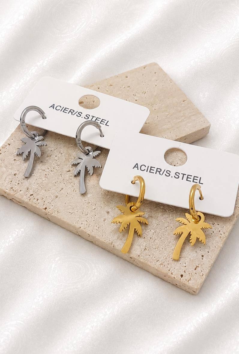 Wholesaler Bijoussimo - Women's steel earrings, palm tree pendant