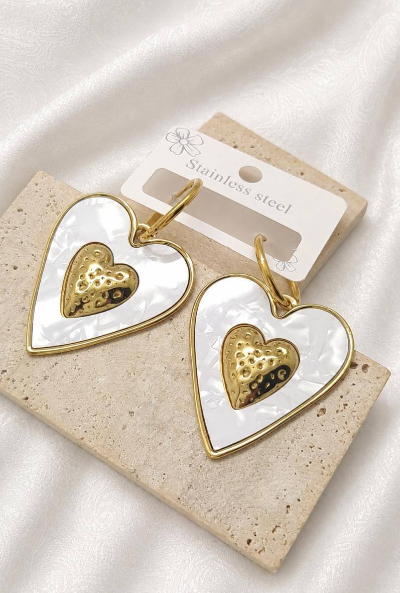 Mayorista Bijoussimo - Pendientes de acero dorado para mujer, corazón de resina blanca