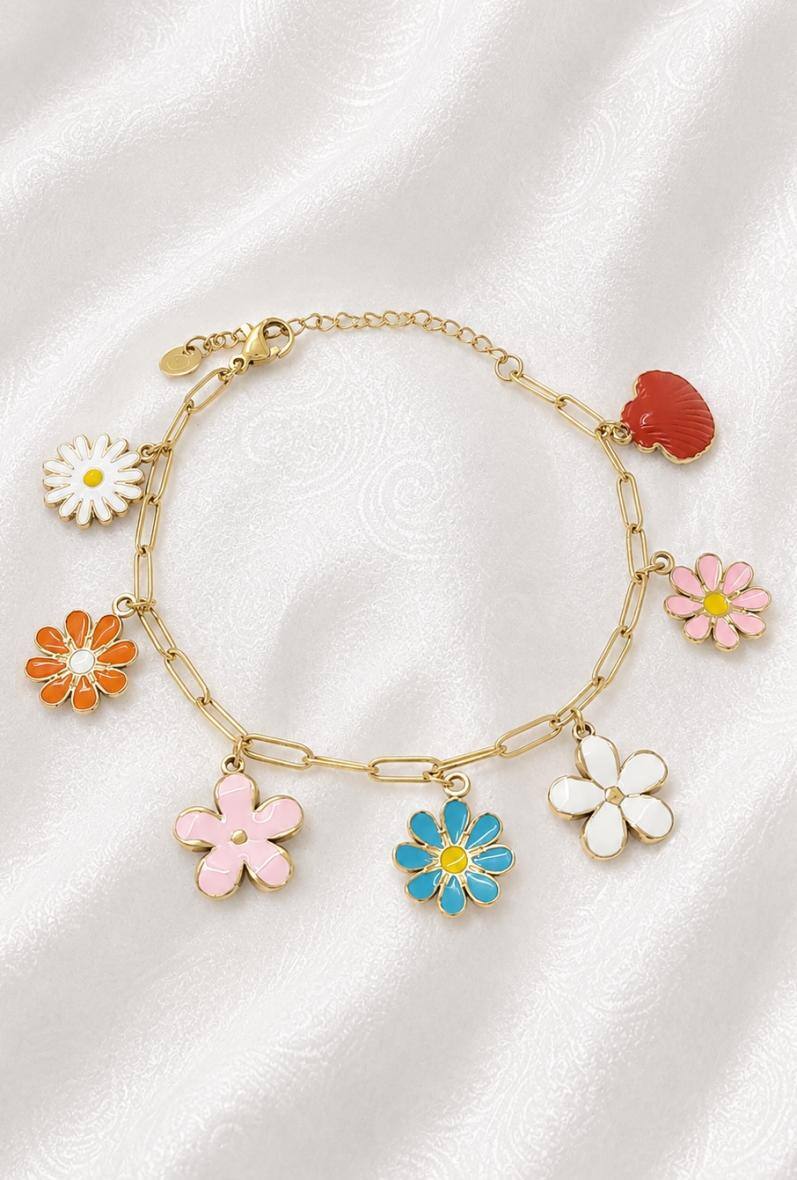 Grossista Bijoussimo - Bracciale in acciaio dorato da donna con ciondoli a forma di fiori colorati