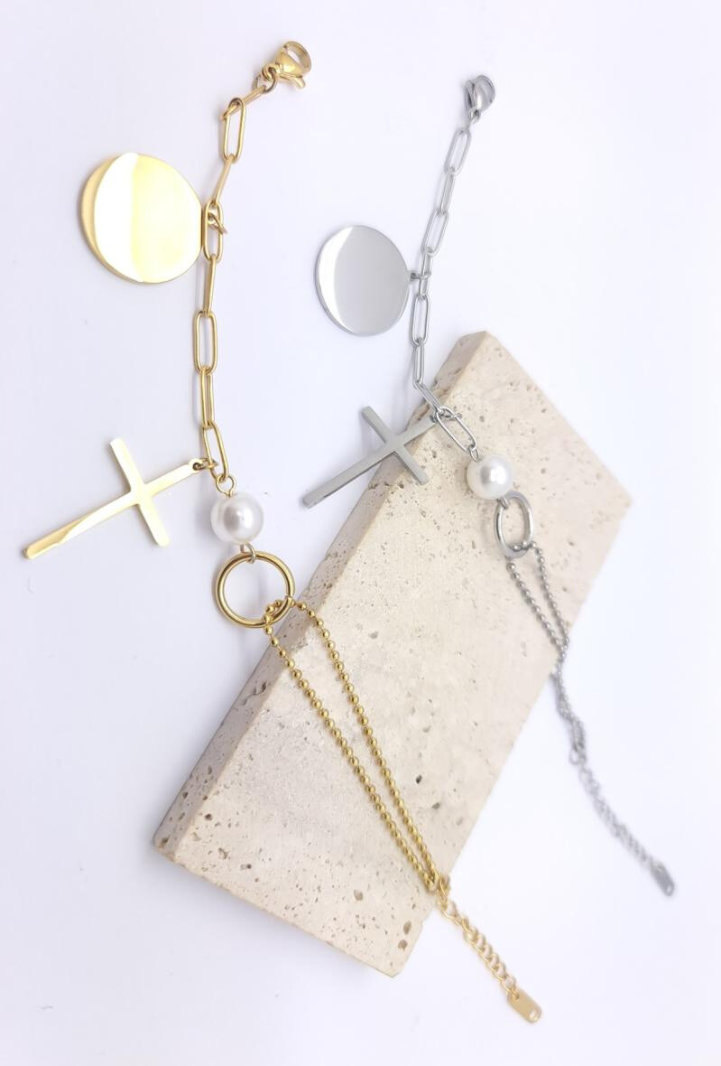 Wholesaler Bijoussimo - Steel bracelet to engrave disk with cross and pearl pendant