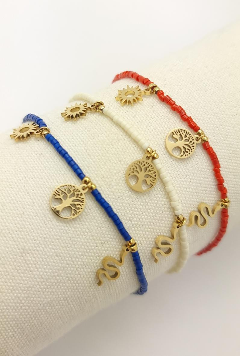 Grossiste Bijoussimo - Bracelet acier doré perles miyuki pendentifs arbre de vie, serpent, soleil