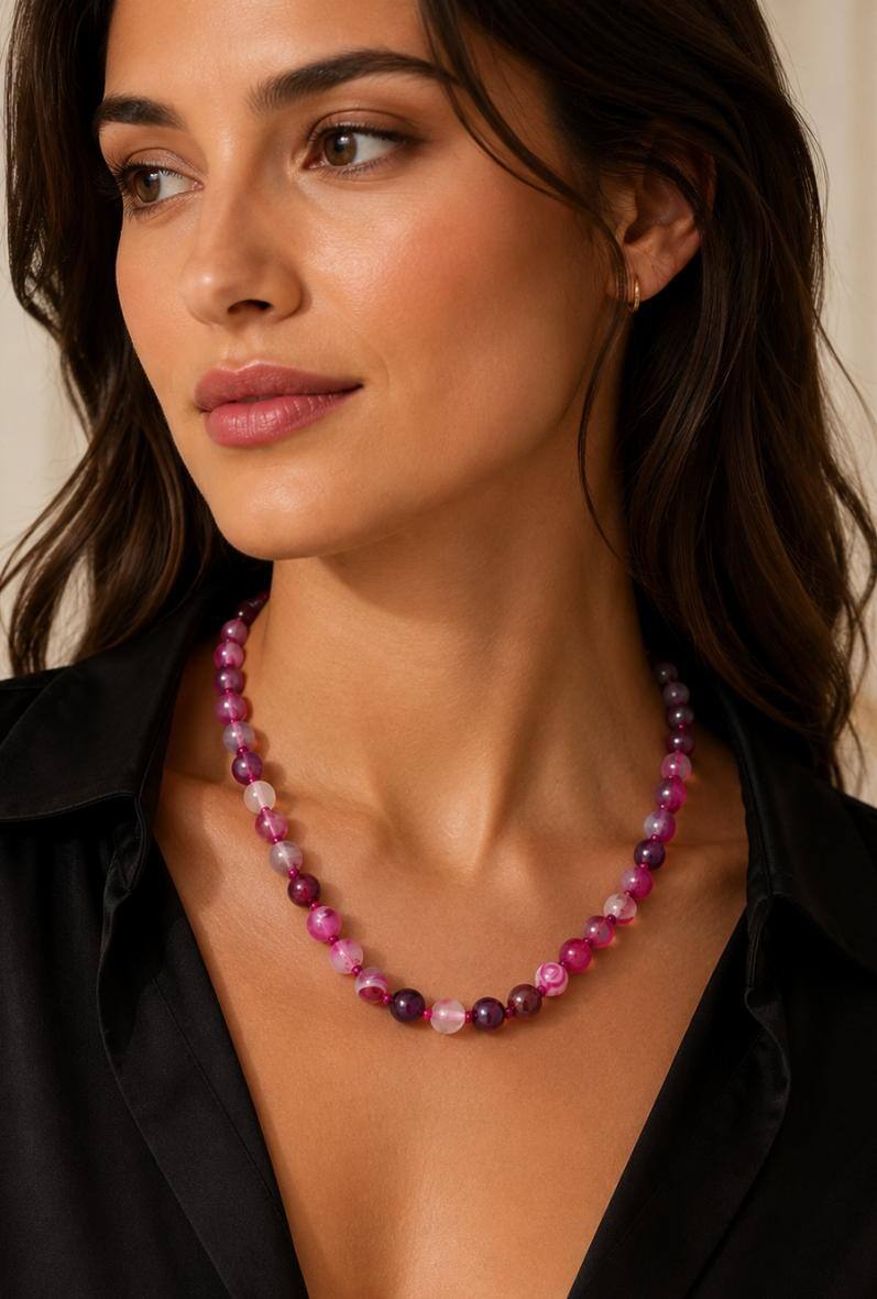 Mayorista Bijoussimo - Collar de piedra de 8mm (longitud aprox. 45cm), Ágata a rayas fucsia