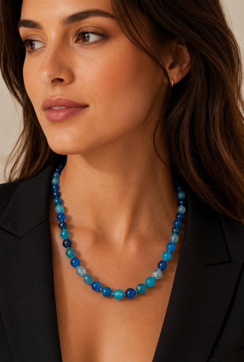 Mayorista Bijoussimo - Collar de piedra de 8mm (longitud aprox. 45cm), Ágata con rayas azules