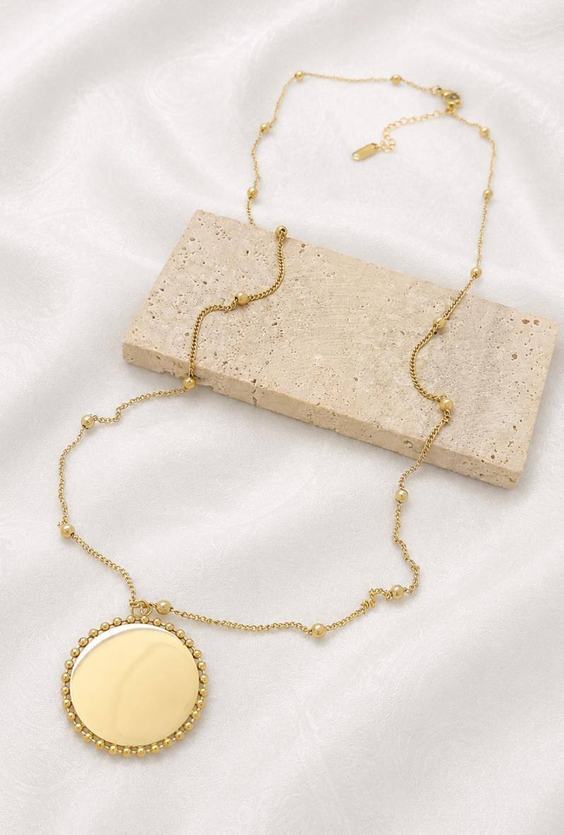 Mayorista Bijoussimo - Collar de acero dorado para mujer (cadena larga, 60+5cm) colgante de disco para grabar