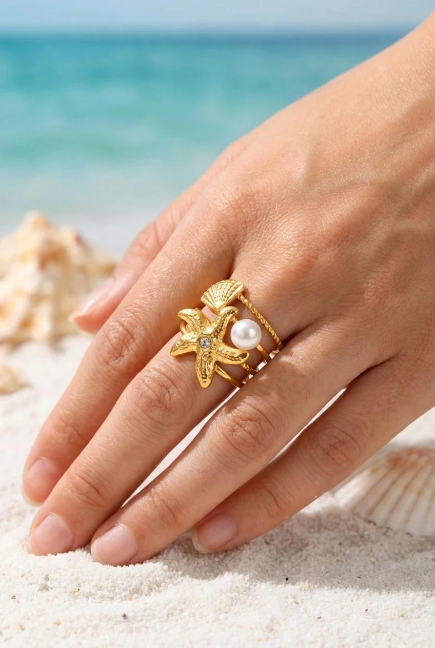 Mayorista Bijoux Mystères - Anillo de ronda múltiple con patrones de estrellas y mariscos
