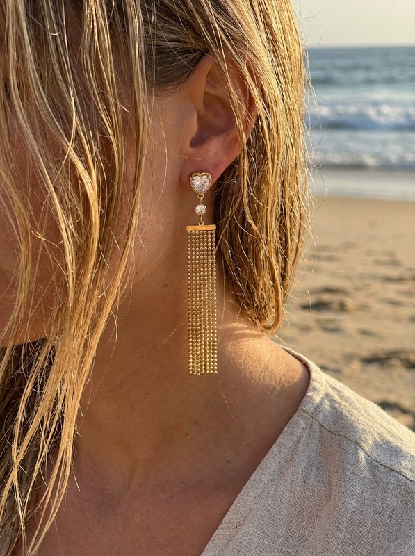 Wholesaler Bijoux Mystères - Earrings with hanging chains and heart -shaped stones