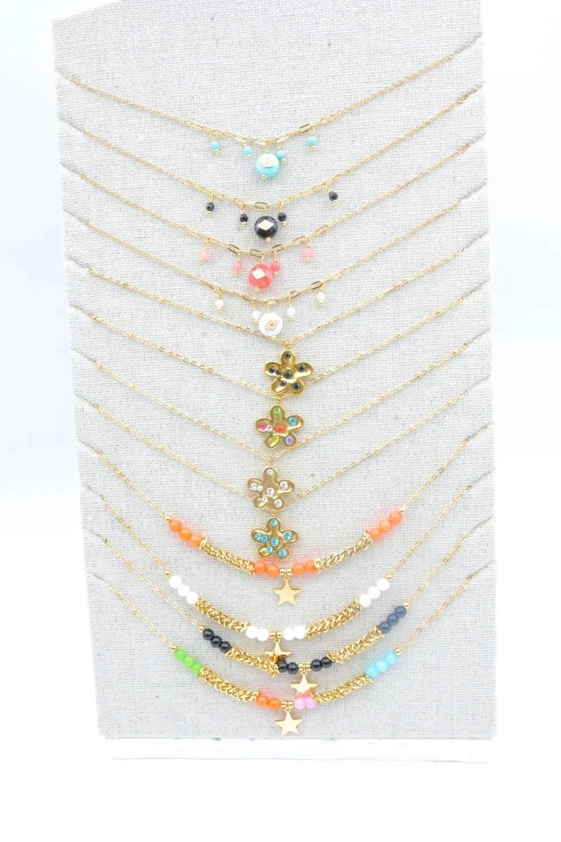 Grossiste Bijoux Mystères - Lot de 12 colliers en acier inoxydable avec présentoir