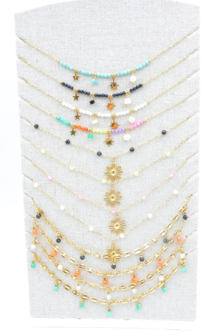 Grossiste Bijoux Mystères - Lot de 12 colliers en acier inoxydable avec présentoir
