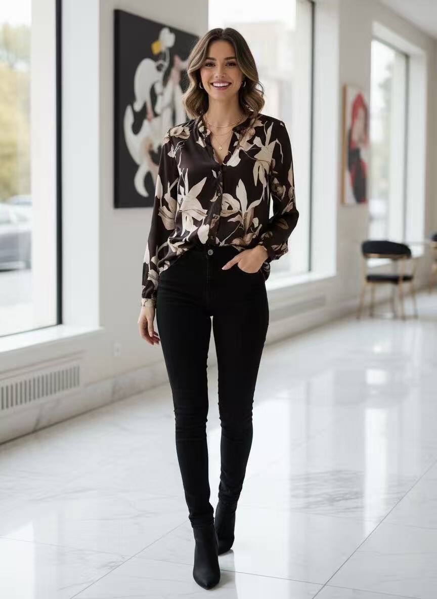 Lightweight Mandarin Collar Blouse, 100% polyester, perfect for spring/summer. Made in China, ideal for a fresh and elegant look.