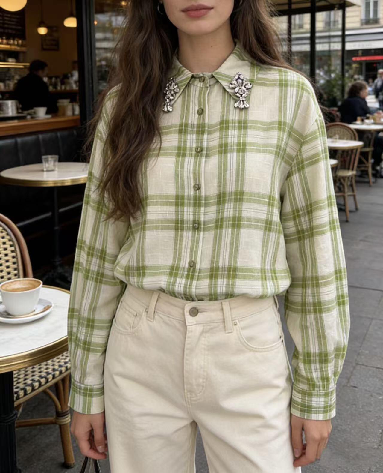 Grossiste Bisou's project - Chemise à Carreaux avec Broderie de Strass sur le Col
